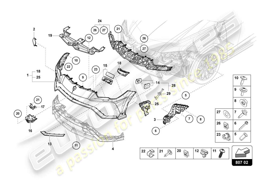lamborghini urus (2019) stoßstange, komplett vorn, ersatzteildiagramm