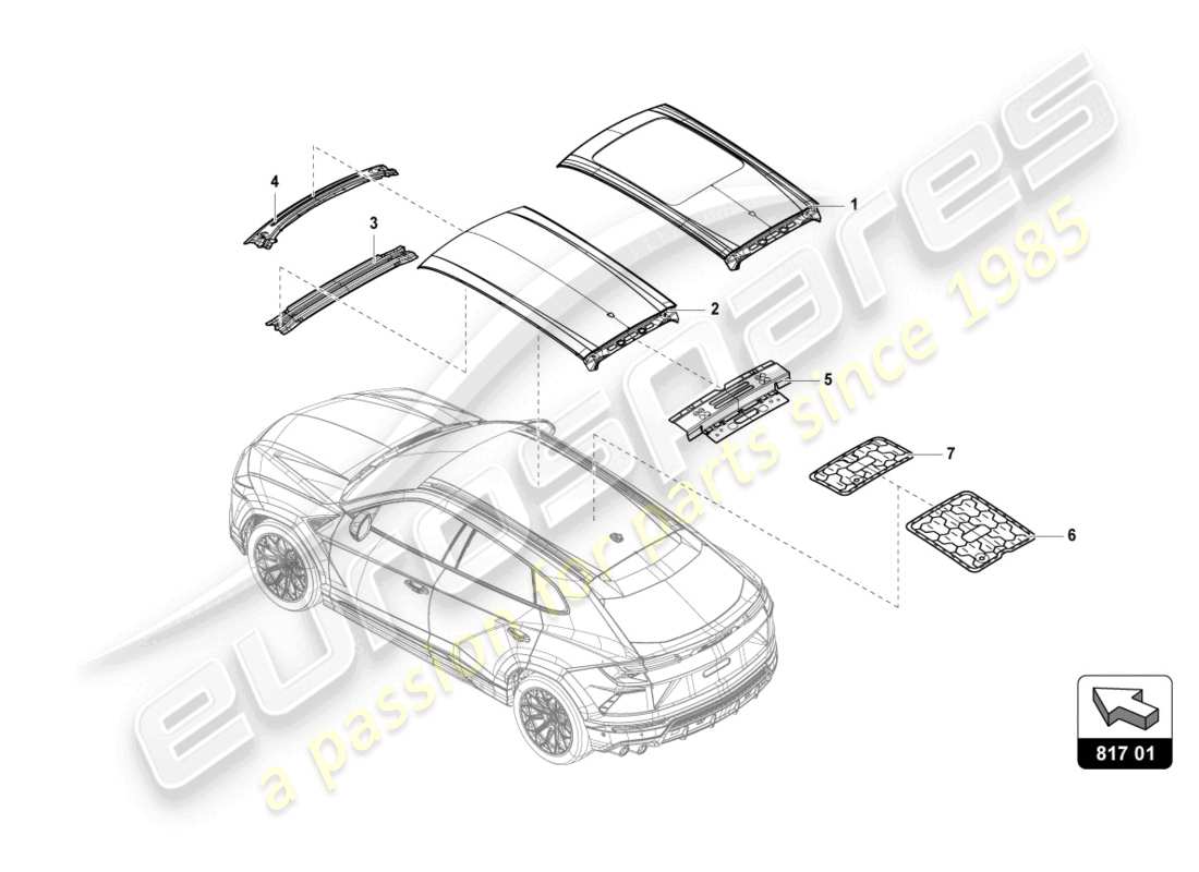 lamborghini urus (2020) dachrahmen-außenblech teilediagramm