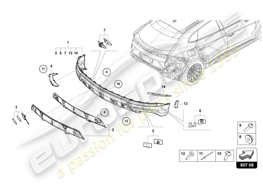 lamborghini urus (2019) stoßstange, komplett hinten, carbon ersatzteildiagramm