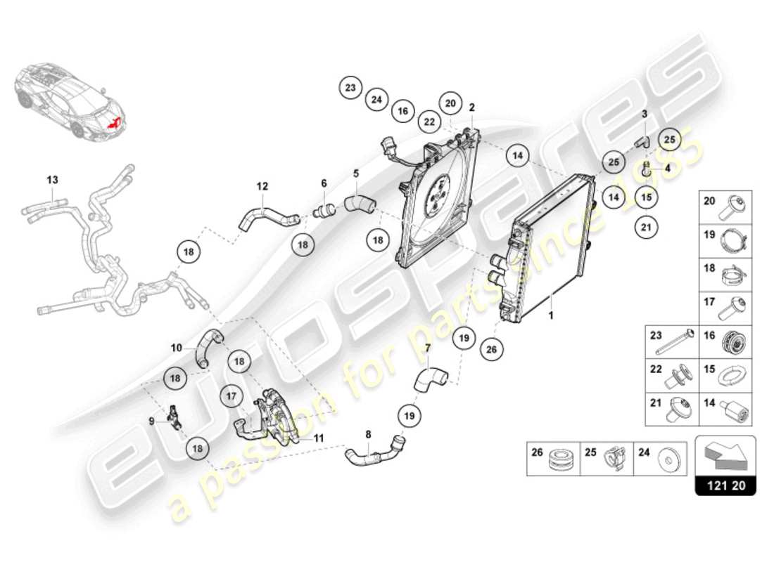 lamborghini revuelto coupe (2024) kühlmittelkühlsystem hochspannungskühlung teilediagramm