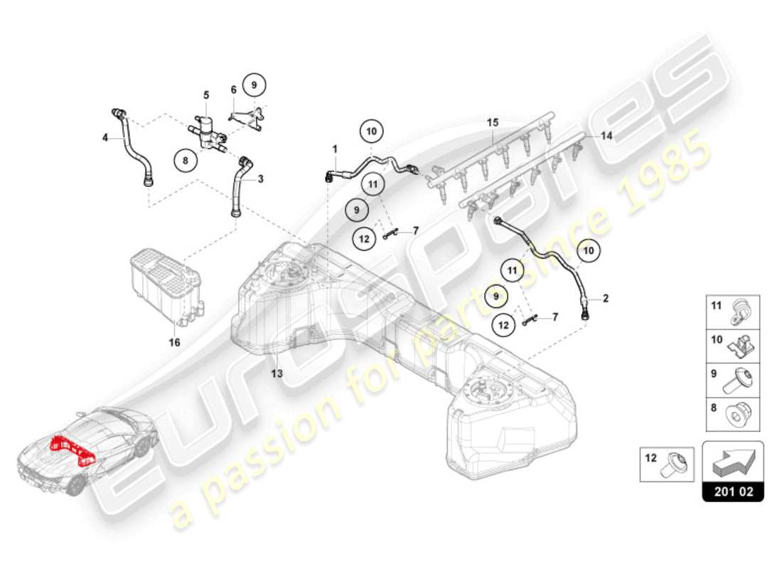 lamborghini revuelto coupe (2024) teilediagramm des kraftstoffversorgungssystems