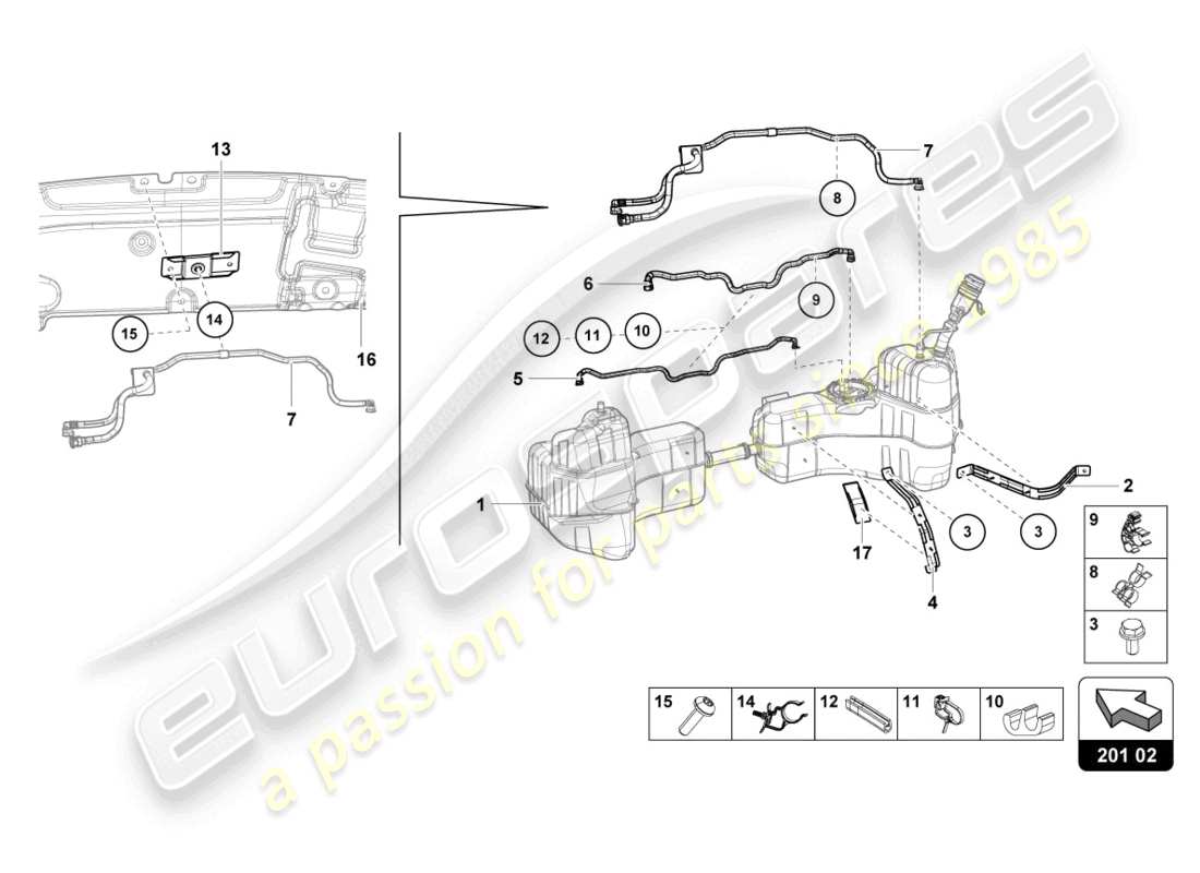 lamborghini evo coupe 2wd (2021) für kraftstofftank und kraftstoffleitung kraftstoffleitungsbefestigungen teilediagramm