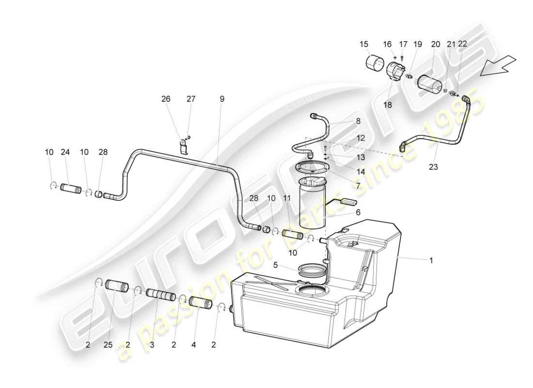 lamborghini gallardo spyder (2008) kraftstofftank mit anbauteilen links ersatzteildiagramm