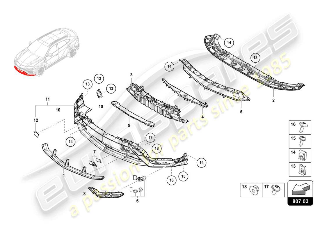 lamborghini urus (2019) stoßstange, komplett standard teilediagramm