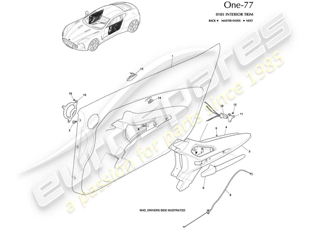 aston martin one-77 (2011) teilediagramm für türverkleidung