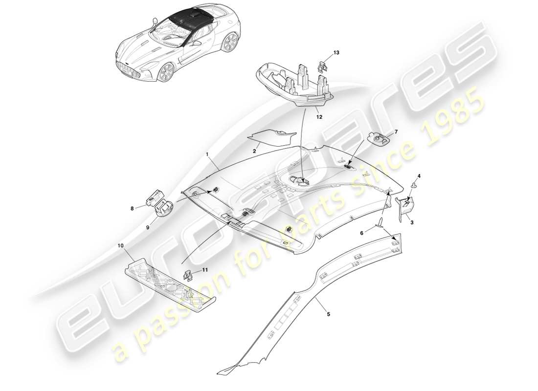 aston martin one-77 (2011) teilediagramm für dachhimmel und säulenverkleidung