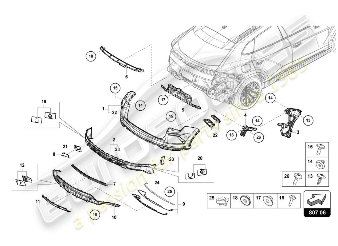 lamborghini urus (2019) stoßstange, komplett hinten teilediagramm