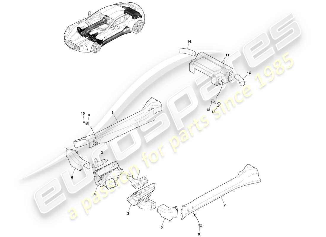 aston martin one-77 (2011) teilediagramm der auspuff-hitzeschildbaugruppe