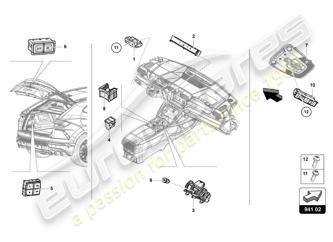 lamborghini urus (2022) bedienfeld mit drucktasten ersatzteildiagramm
