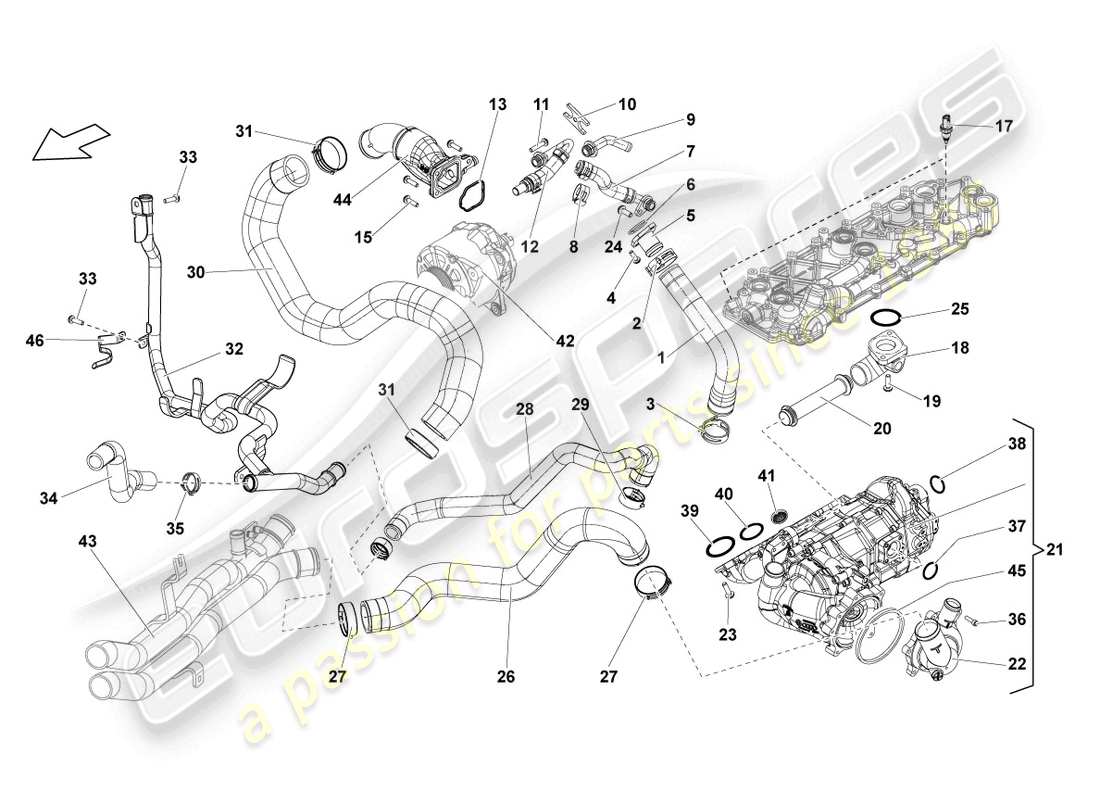 lamborghini lp560-4 spider (2014) kühlmittelreglergehäuse mit thermostat teilediagramm