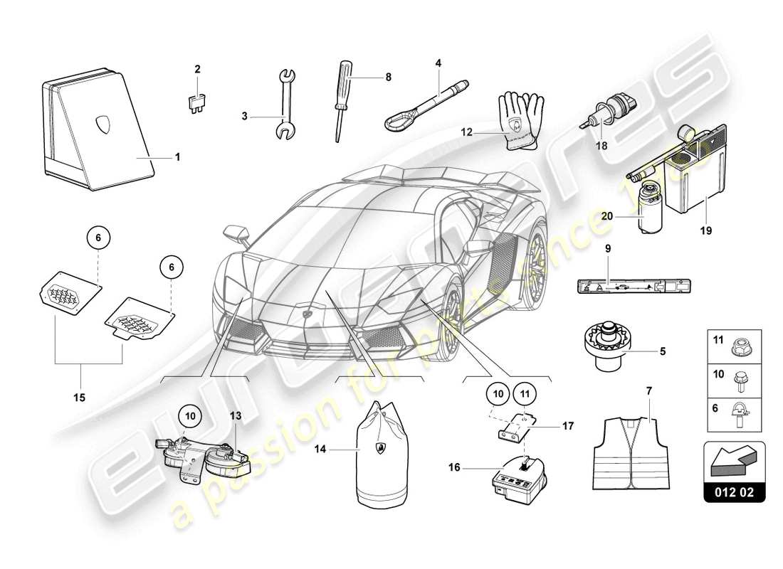 lamborghini sian roadster (2021) fahrzeugwerkzeuge ersatzteildiagramm
