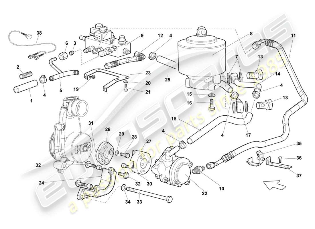 lamborghini reventon hydrauliksystem und flüssigkeitsbehälter mit anschlussstücken ersatzteildiagramm