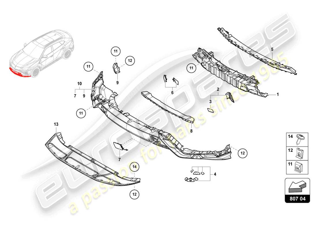 lamborghini urus (2019) stoßstange, komplette dune teilediagramm