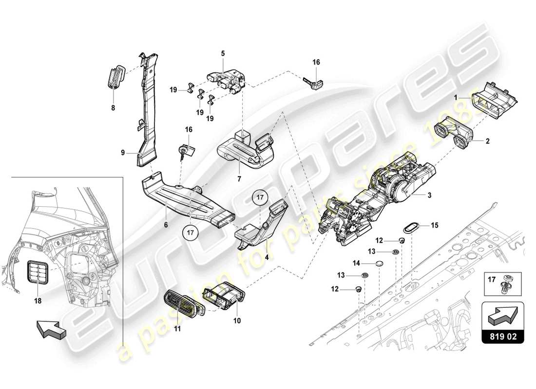 lamborghini urus (2022) entlüftungsöffnung hinten mitte teilediagramm