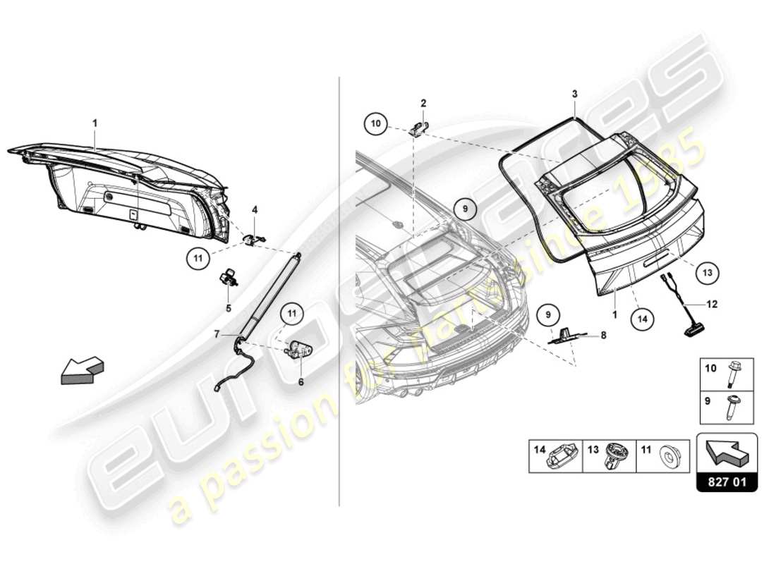lamborghini urus (2022) hintere klappe hinten teilediagramm
