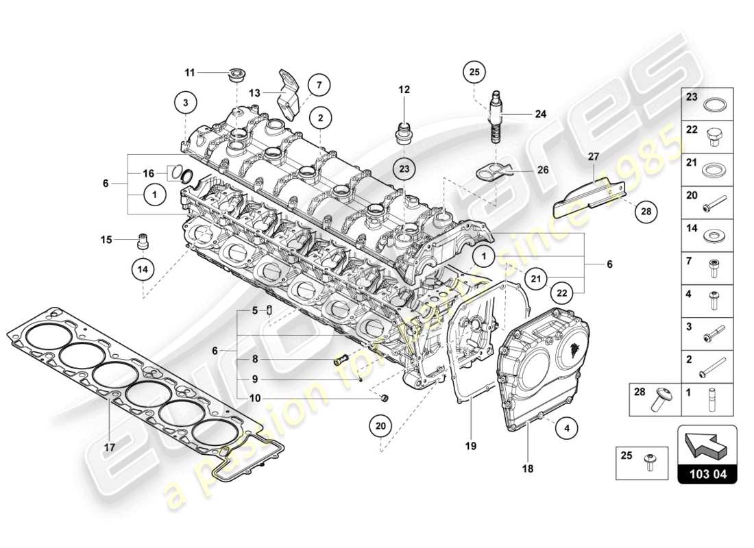 lamborghini sian roadster (2021) zylinderkopf mit bolzen und zentrierhülsen ersatzteildiagramm