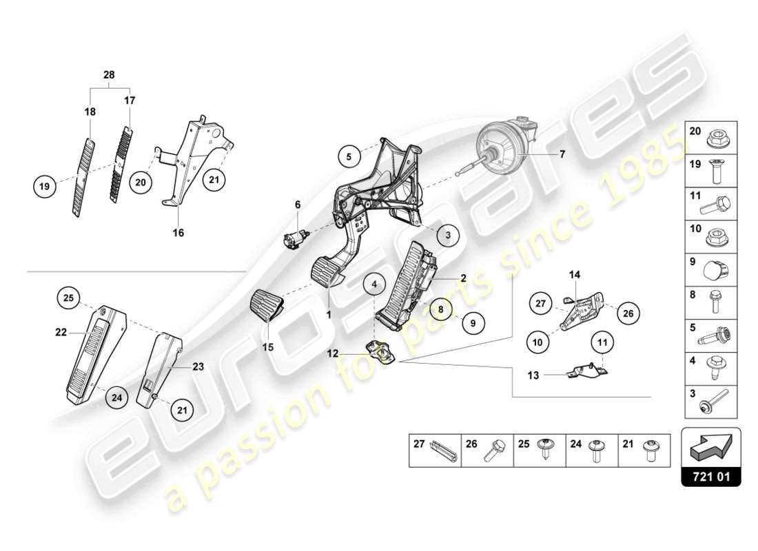 lamborghini evo coupe (2021) brems- und beschleunigungshebelmech. teilediagramm