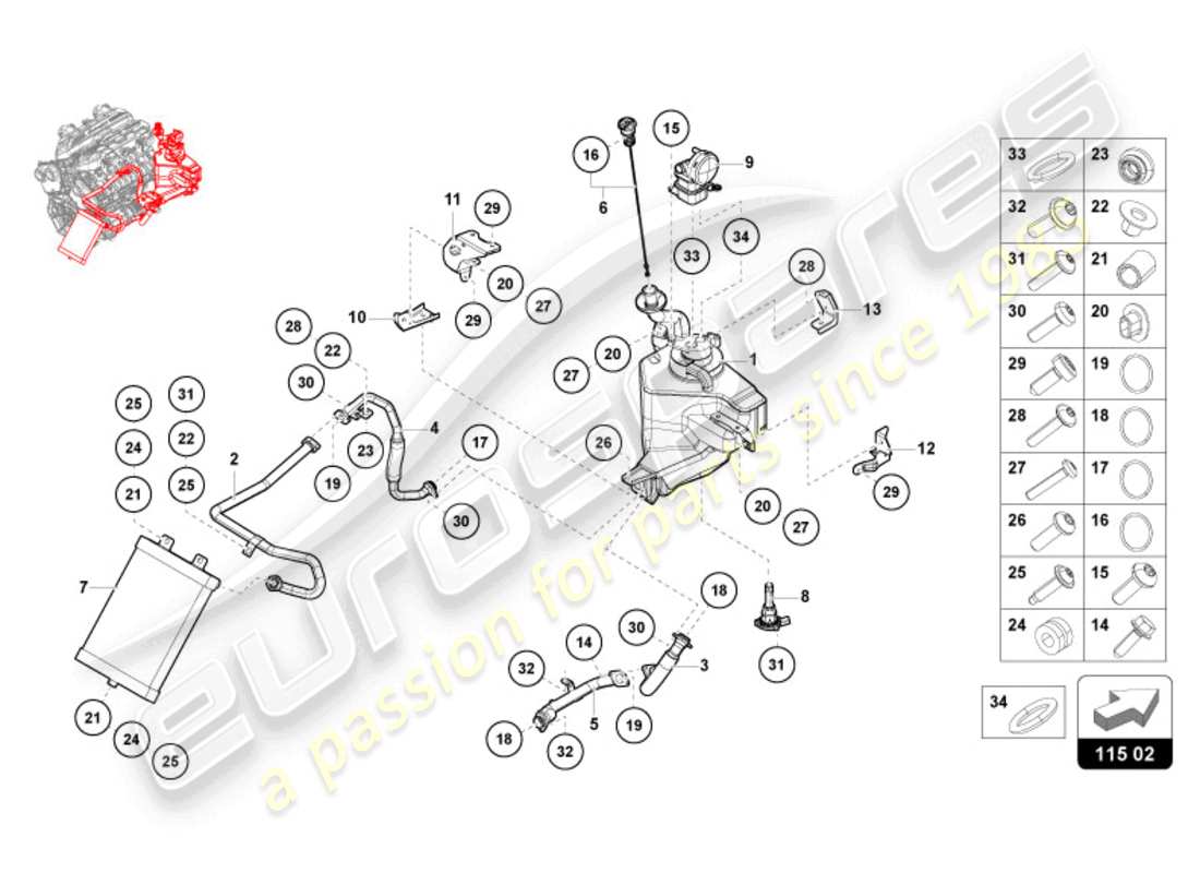 lamborghini revuelto coupe (2024) hydrauliksystem und flüssigkeitsbehälter mit anschlussstücken ersatzteildiagramm