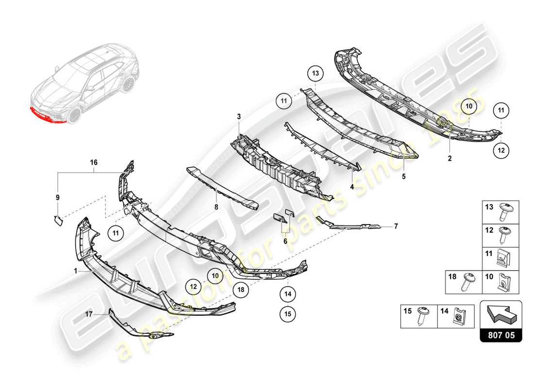 lamborghini urus (2019) stoßstange, komplett aus carbon ersatzteildiagramm