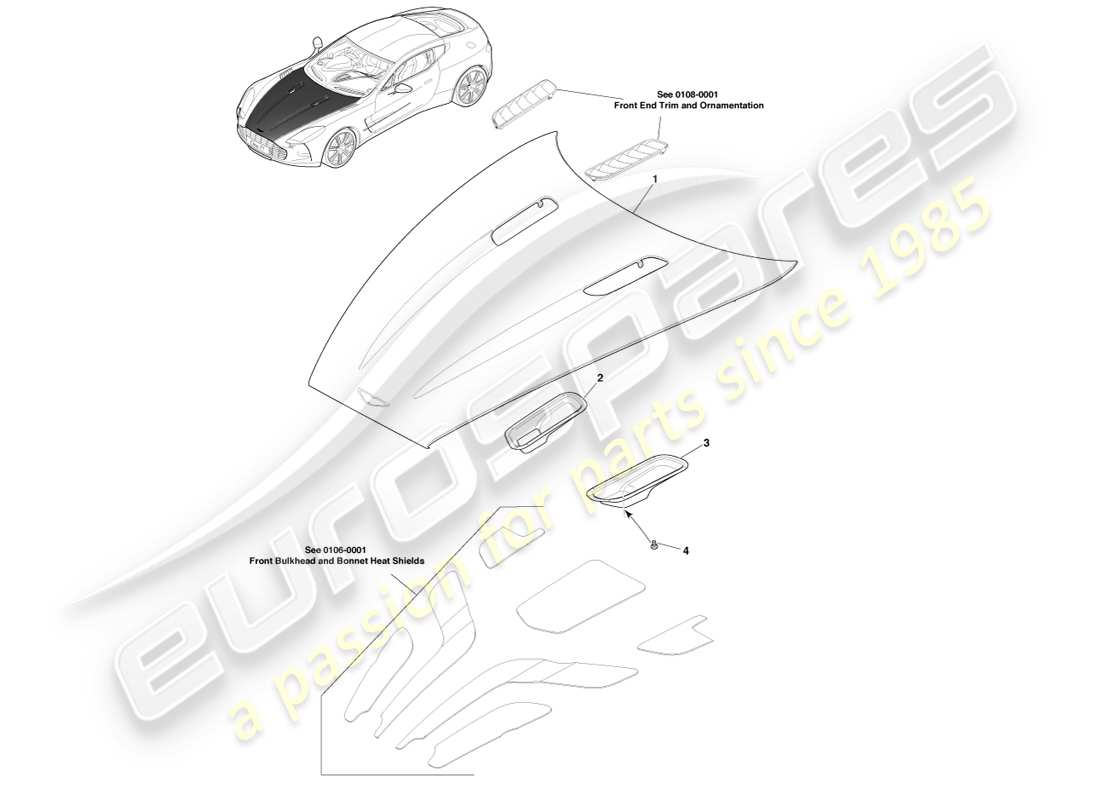 aston martin one-77 (2011) teilediagramm der motorhaubenbaugruppe