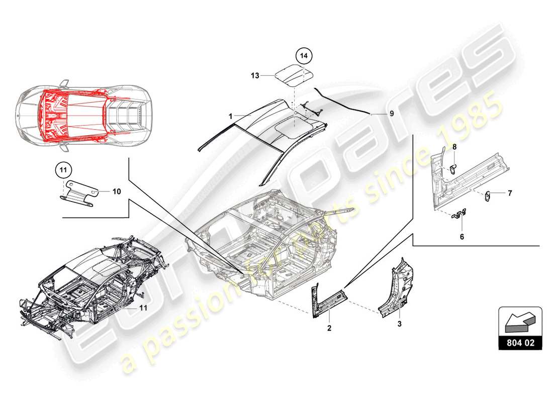 lamborghini super trofeo evo (2018) cockpit und dach teilediagramm