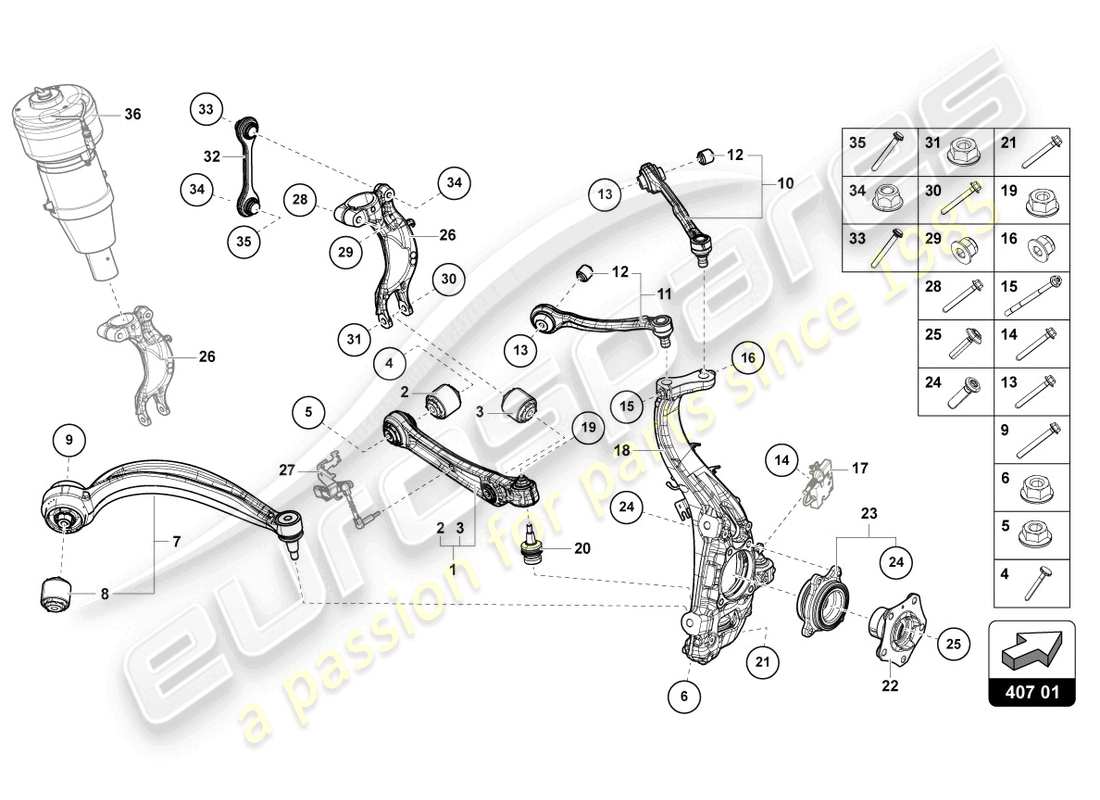 lamborghini urus s (2023) aufhängung vorne teilediagramm
