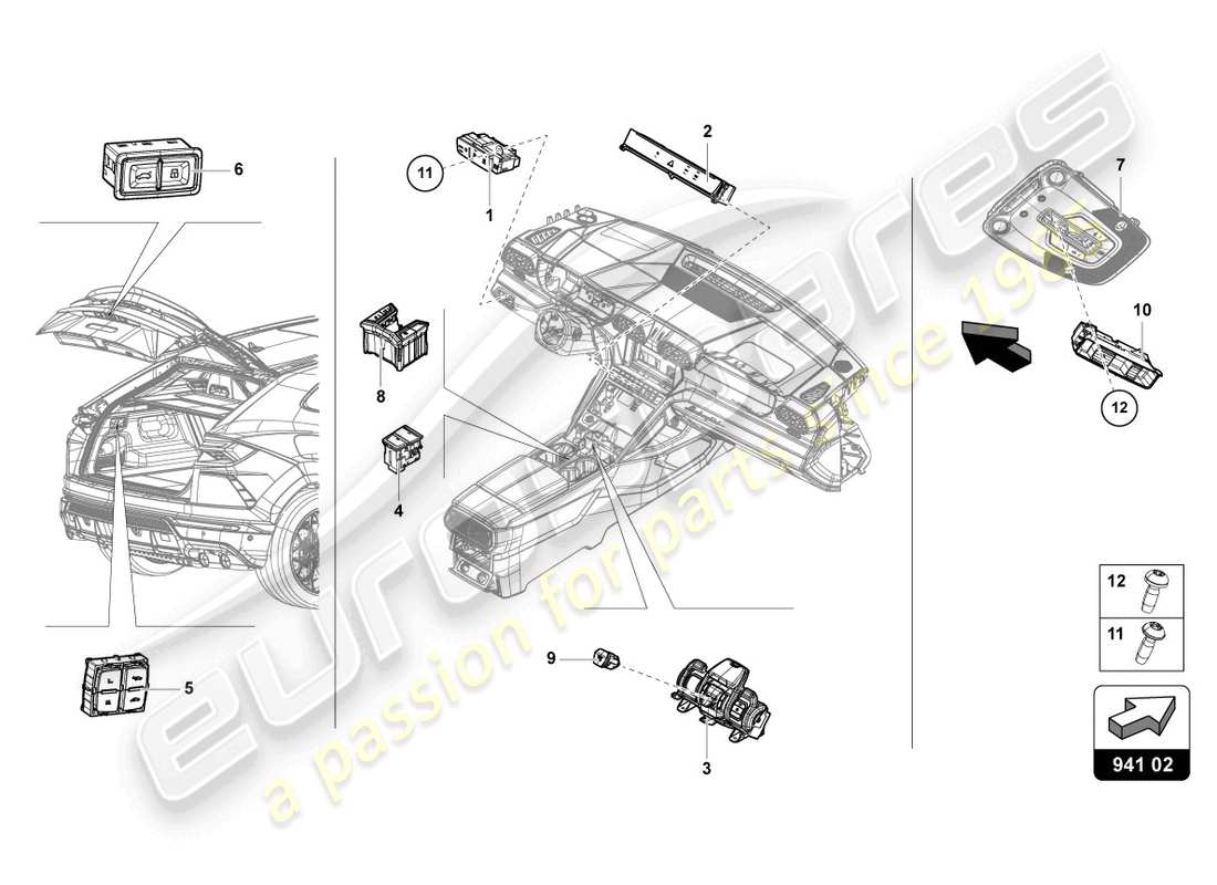 lamborghini urus (2021) bedienfeld mit drucktasten ersatzteildiagramm