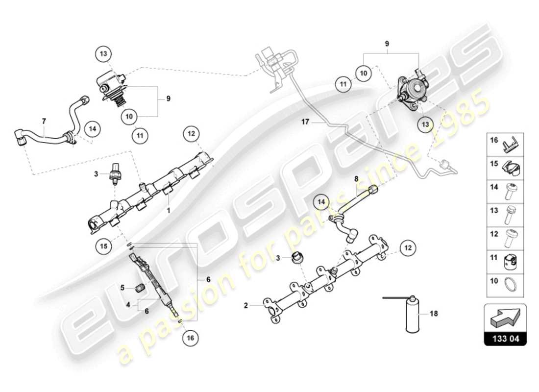 lamborghini urus (2020) kraftstoffinjektor mit injektorschienen ersatzteildiagramm