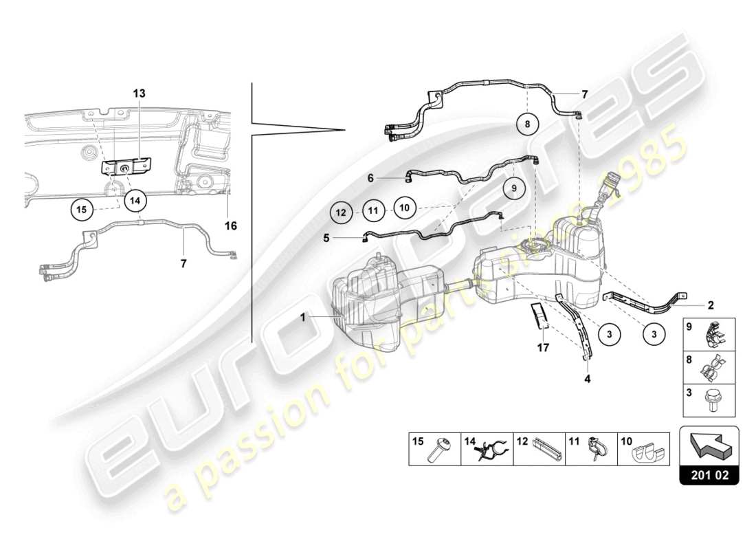 lamborghini sterrato (2024) für kraftstofftank und kraftstoffleitung kraftstoffleitungsbefestigungen teilediagramm
