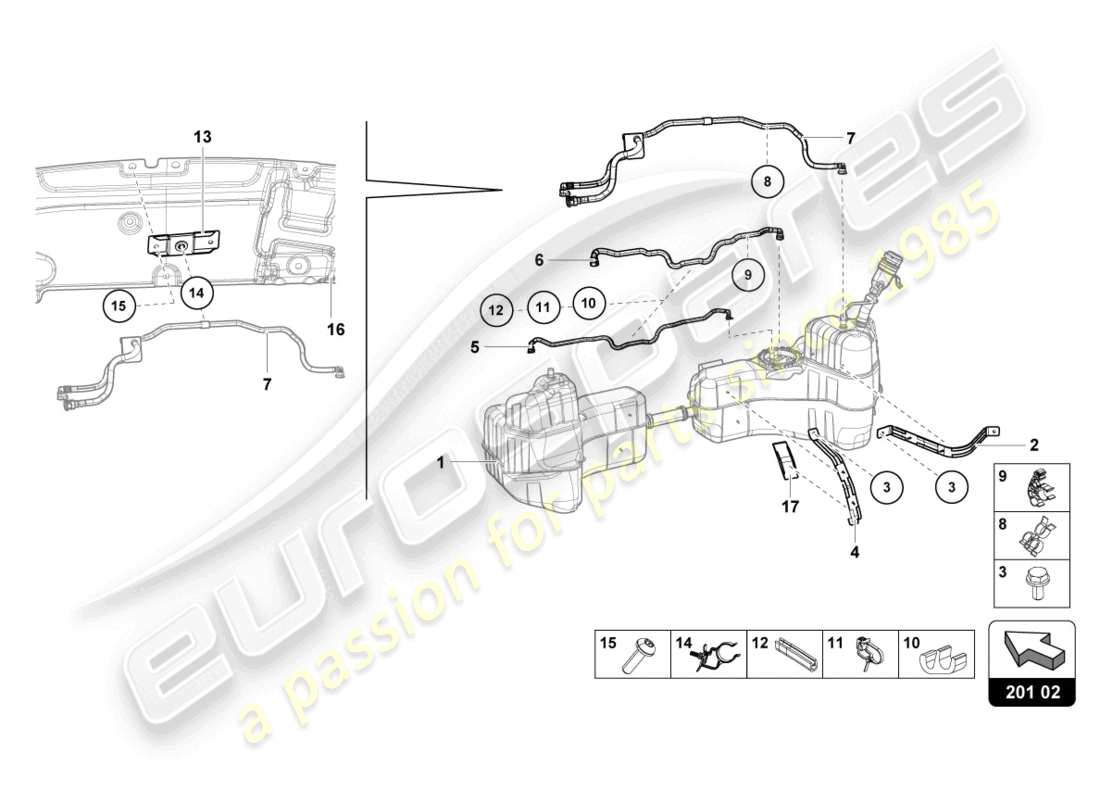 lamborghini evo spyder (2024) für kraftstofftank und kraftstoffleitung kraftstoffleitungsbefestigungen teilediagramm