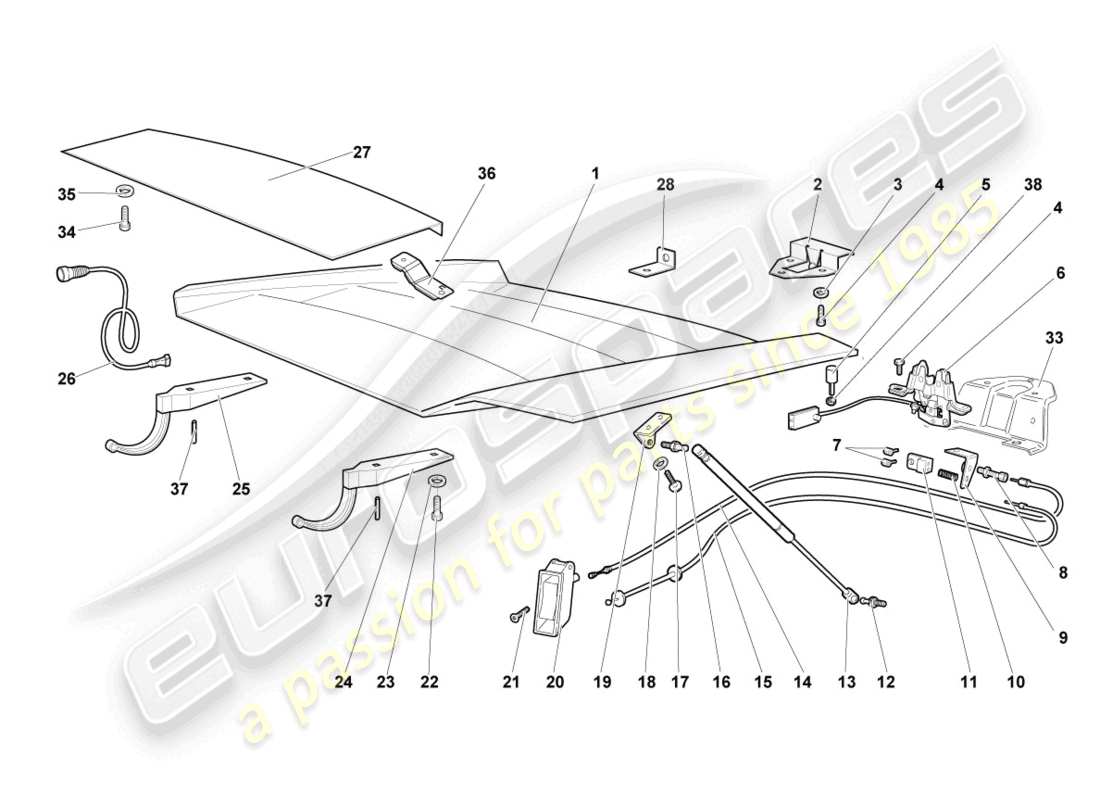 lamborghini lp640 coupe (2009) klappe für motorabdeckung ersatzteildiagramm