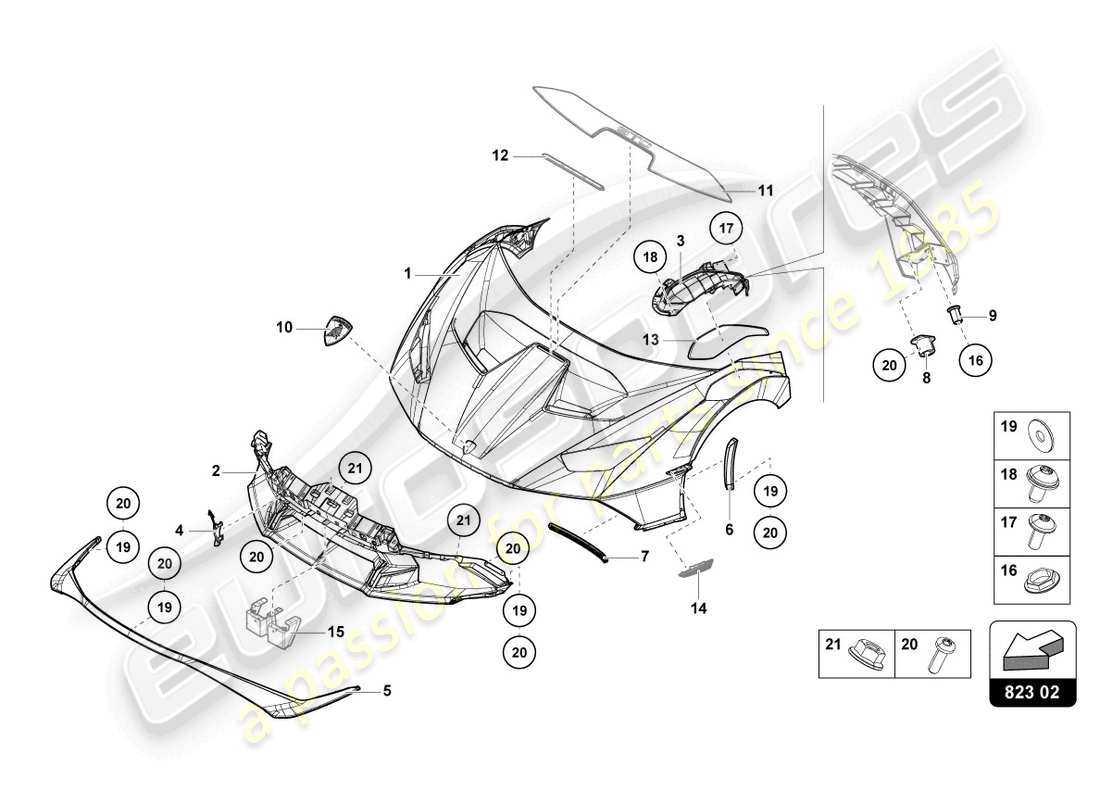 lamborghini sto (2021) motorhaube vorne - ersatzteildiagramm