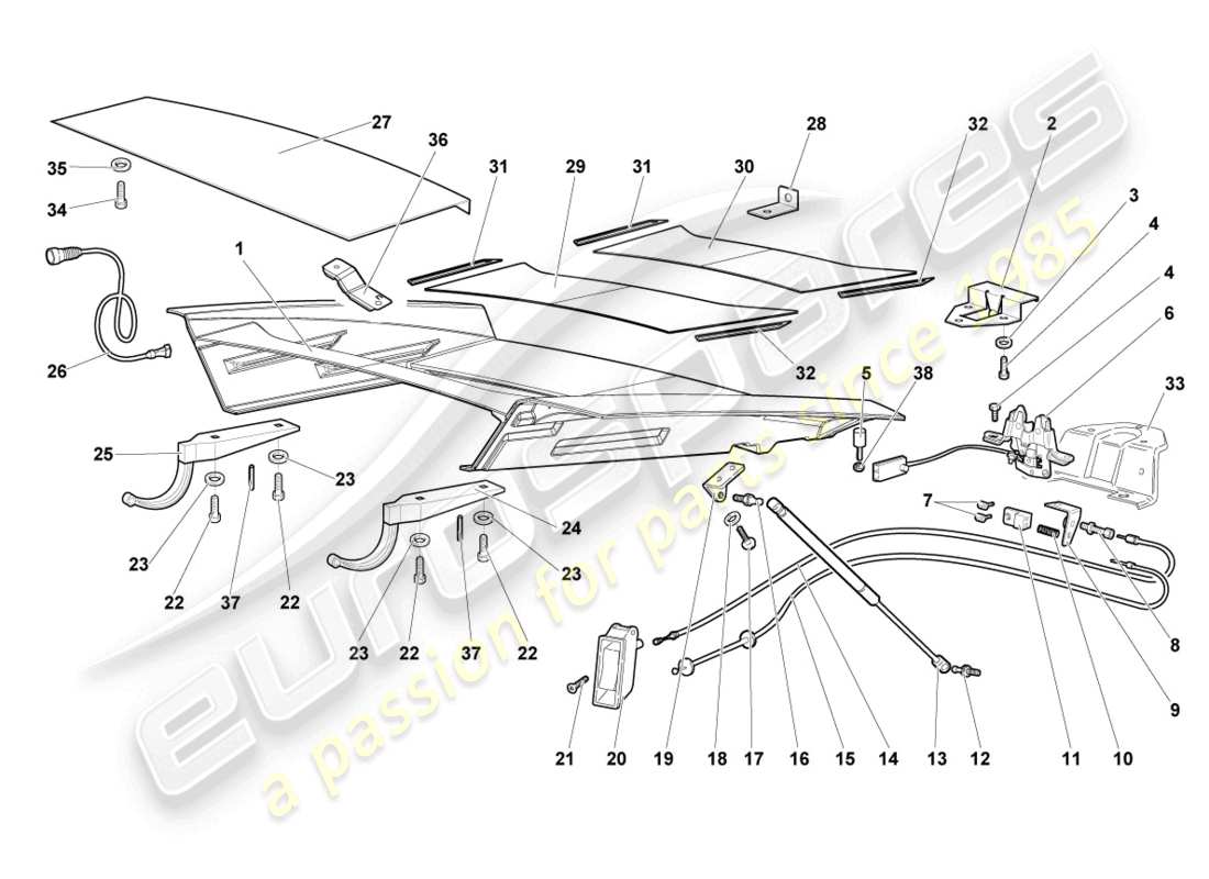 lamborghini lp640 coupe (2010) klappe für motorabdeckung transparent ersatzteildiagramm