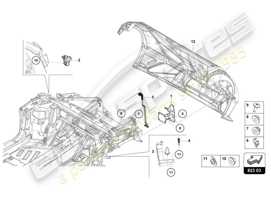 lamborghini sto (2021) motorhaubenscharnier vorne, ersatzteildiagramm