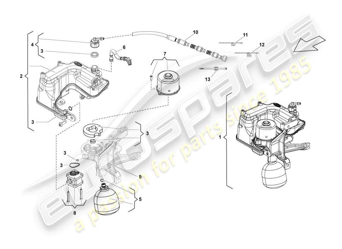 lamborghini lp560-4 coupe (2009) hydrauliksystem und flüssigkeitsbehälter mit anschlussstücken ersatzteildiagramm