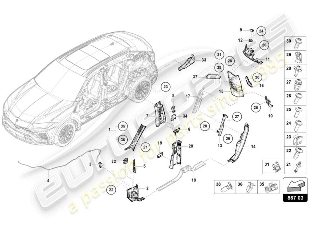 lamborghini urus (2019) säulenverkleidung ersatzteildiagramm