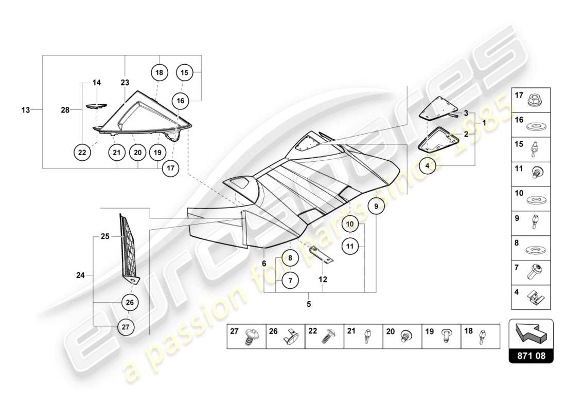 lamborghini evo spyder (2021) konverter oberteil, scharnierabdeckung ersatzteildiagramm