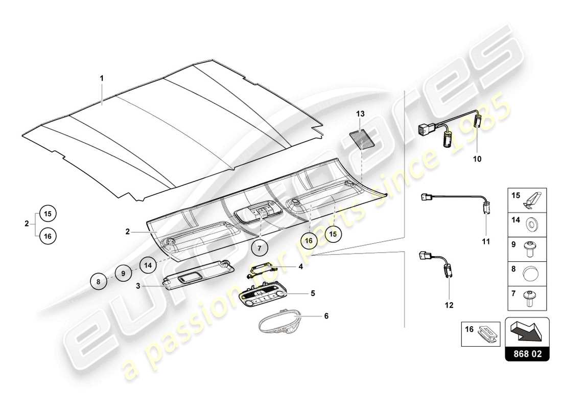 lamborghini evo coupe (2022) dachverkleidung - teilediagramm