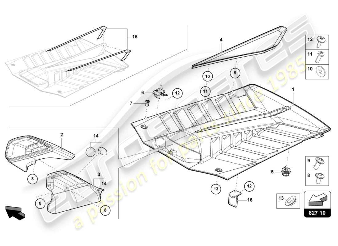 lamborghini sto (2024) motorhaube hinten, ersatzteildiagramm