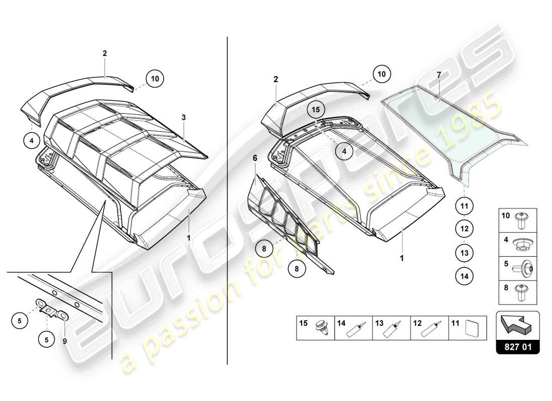 lamborghini evo coupe (2022) motorabdeckung mit inspektionsabdeckung ersatzteildiagramm