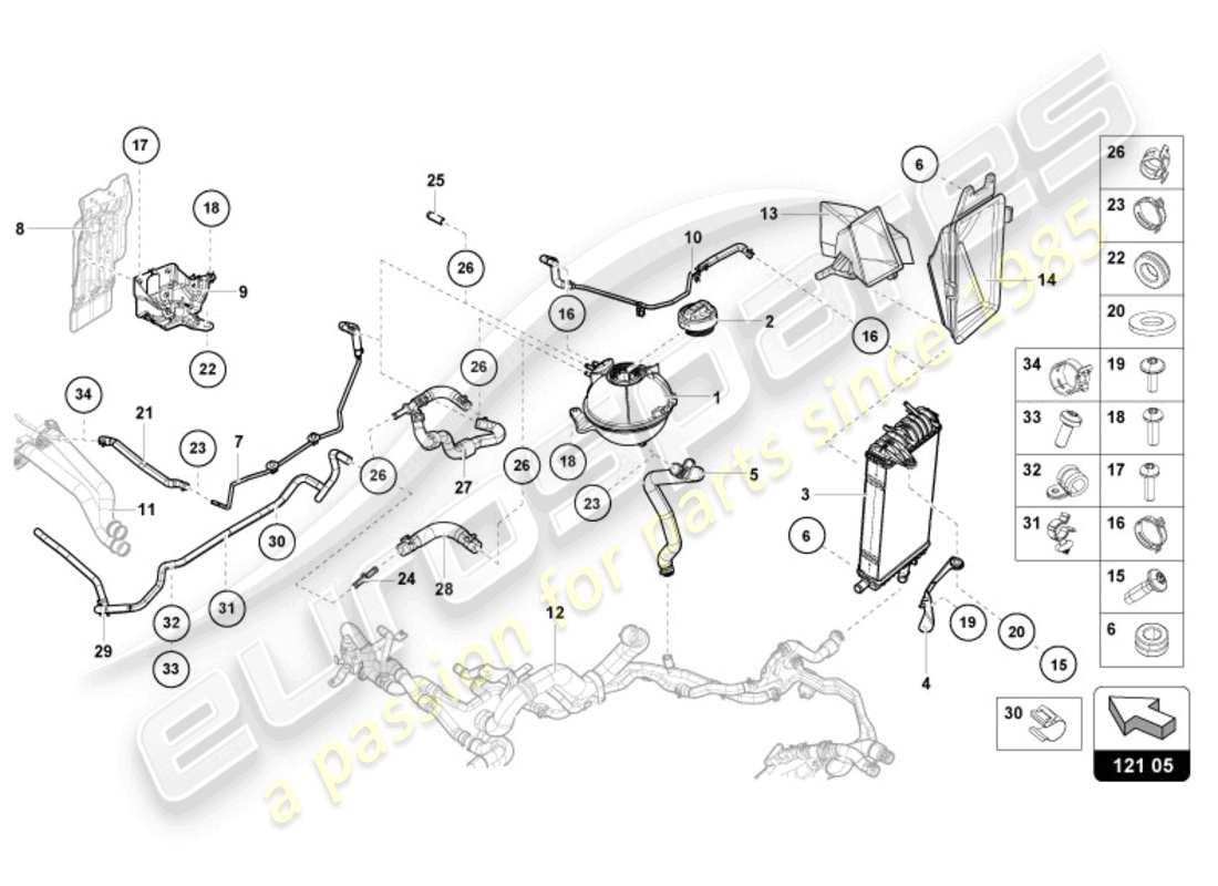 lamborghini tecnica (2023) kühler für kühlmittel teilediagramm