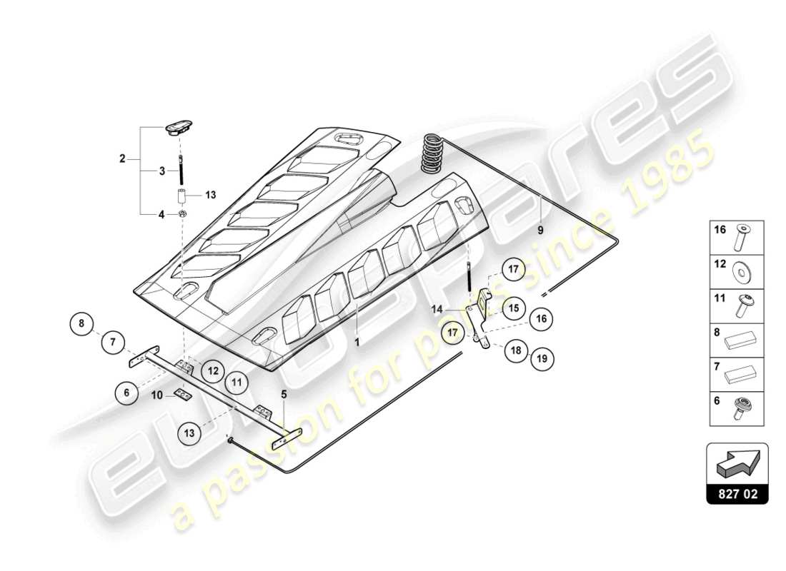 lamborghini super trofeo evo (2018) teilediagramm der hinteren haube