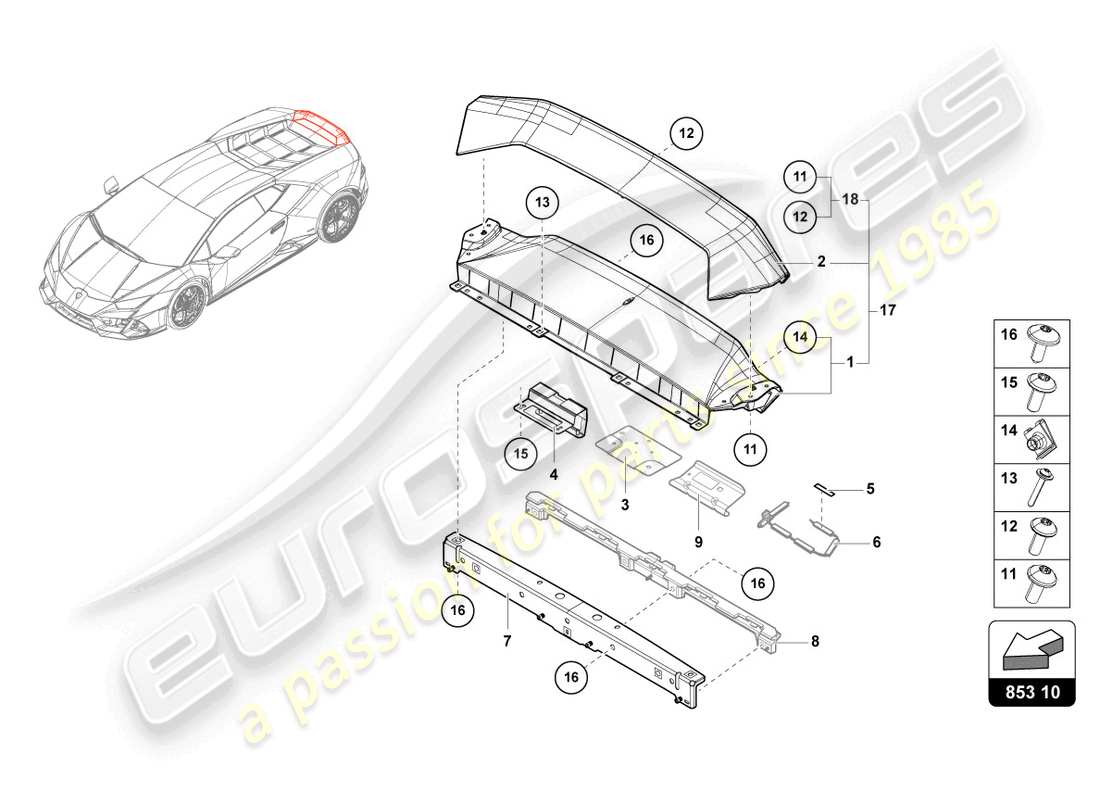 lamborghini evo coupe (2022) rückwand oberteil teilediagramm