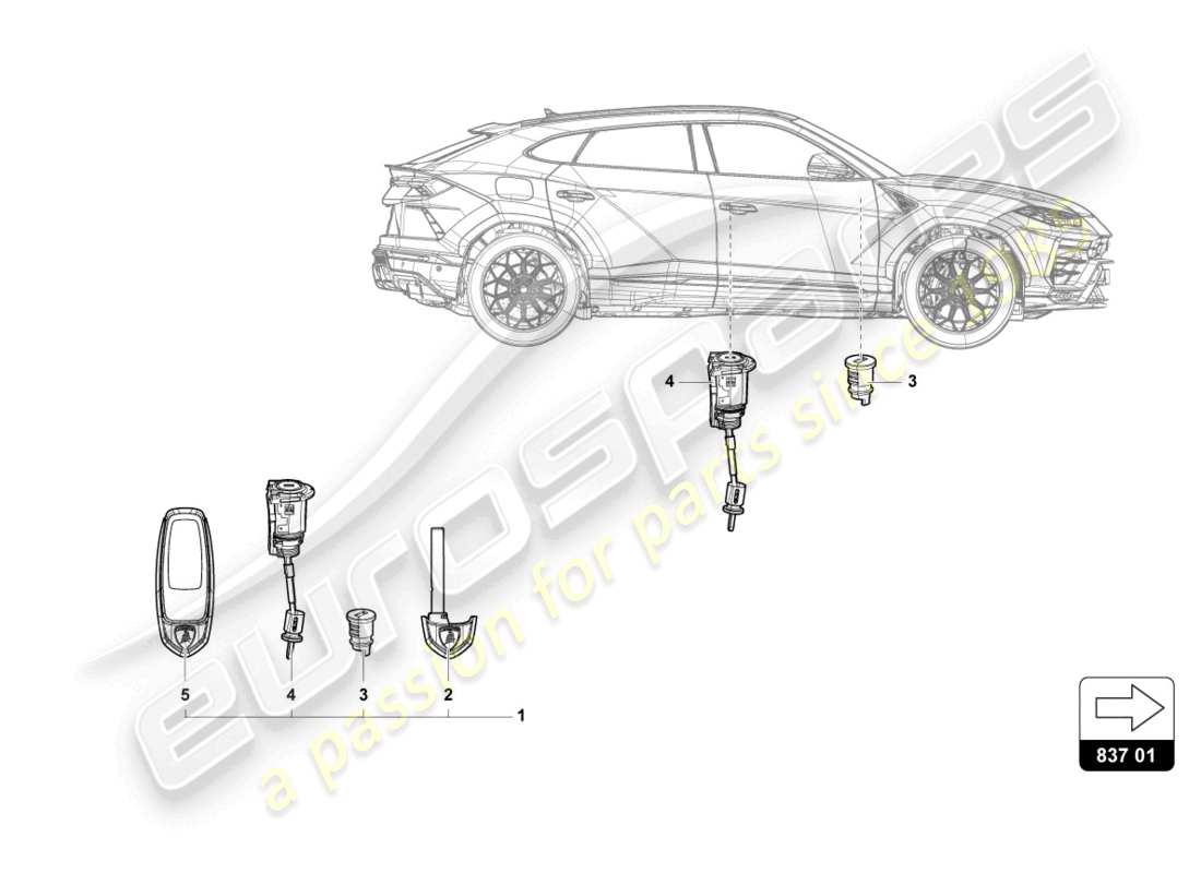 lamborghini urus s (2023) hauptschlüssel mit transponder (klappbarer bar) ersatzteildiagramm