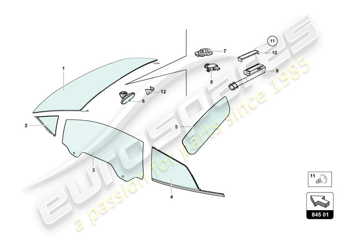 lamborghini evo coupe (2022) fenstergläser ersatzteildiagramm