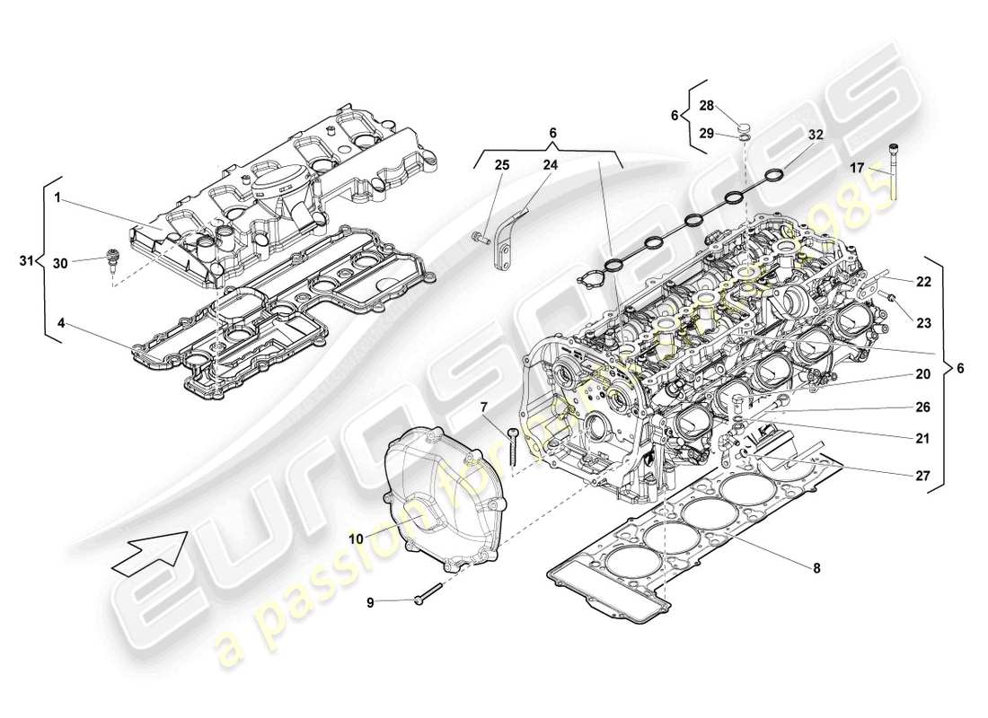 lamborghini lp560-4 spider (2009) komplette zylinderkopfzylinder 6-10 ersatzteildiagramm