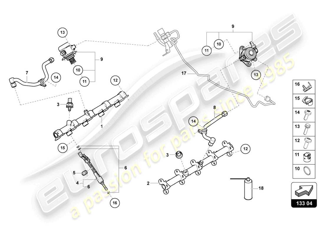 lamborghini urus s (2023) kraftstoffinjektor mit injektorschienen ersatzteildiagramm