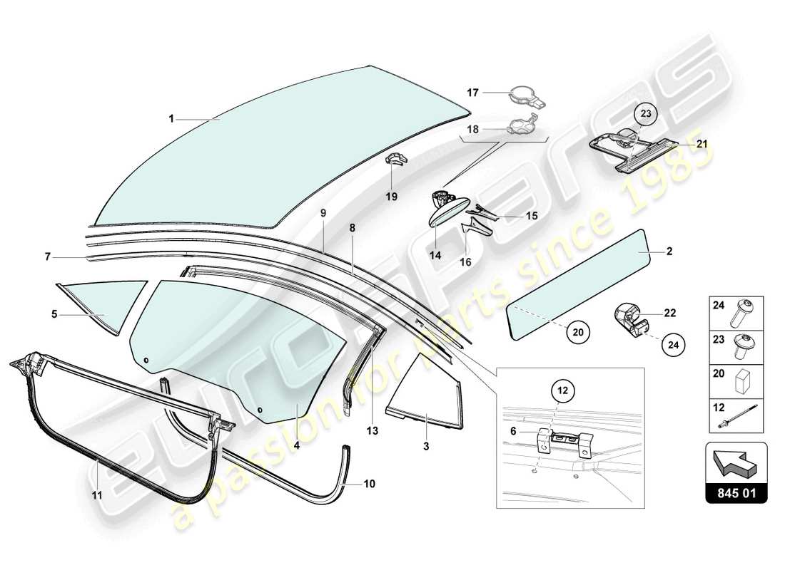 lamborghini sian roadster (2021) fenstergläser ersatzteildiagramm