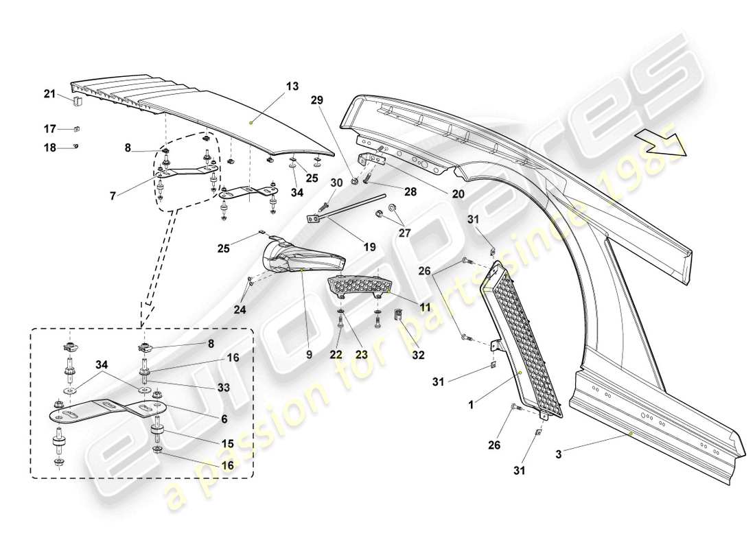 lamborghini gallardo spyder (2007) flügel hinten teilediagramm