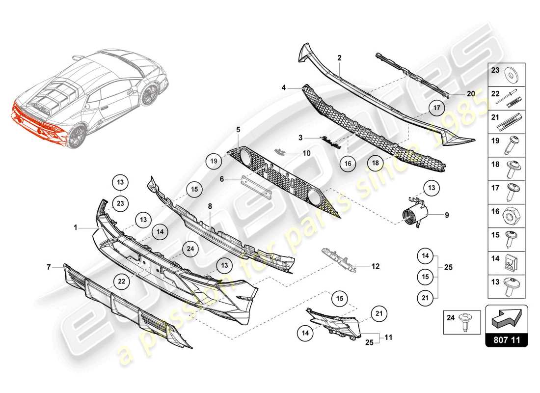 lamborghini evo spyder (2023) stoßstange hinten, ersatzteildiagramm